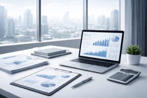 Schreibtisch mit Laptop und ausgedruckten Diagrammen zur Analyse von Finanz- und Unternehmensdaten.