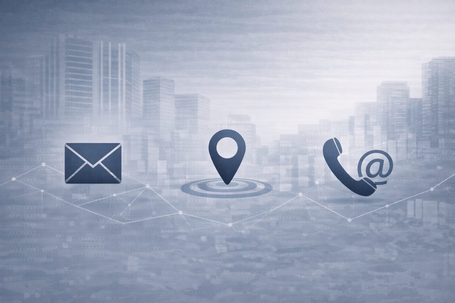 Kontakt und Erreichbarkeit Symbolgrafik für Kontaktmöglichkeiten mit E-Mail-Symbol, Standortmarkierung und Telefonsymbol vor einer Stadtansicht.