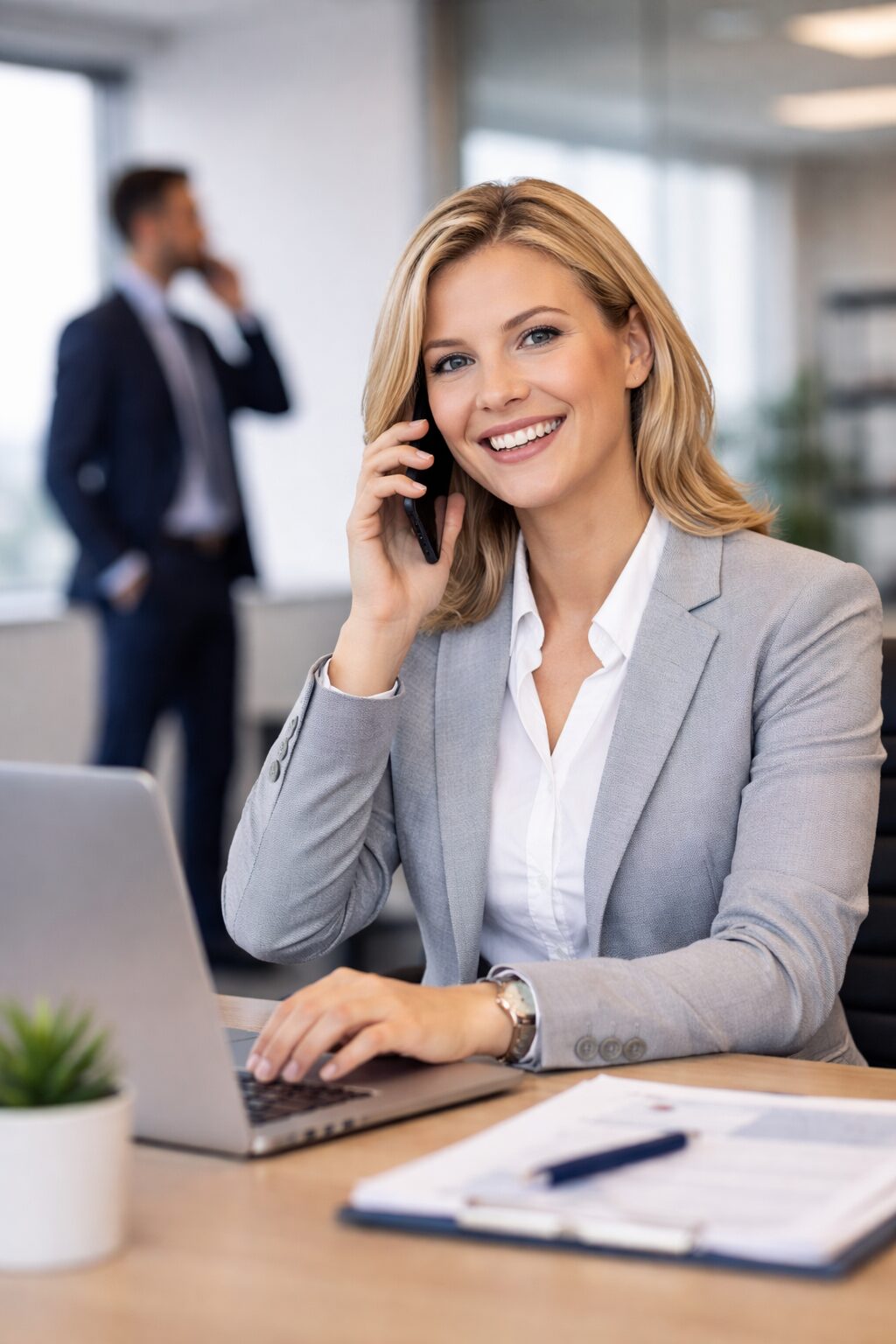 Symbolgrafik für Kontaktmöglichkeiten mit E-Mail-Symbol, Standortmarkierung und Telefonsymbol vor einer Stadtansicht.